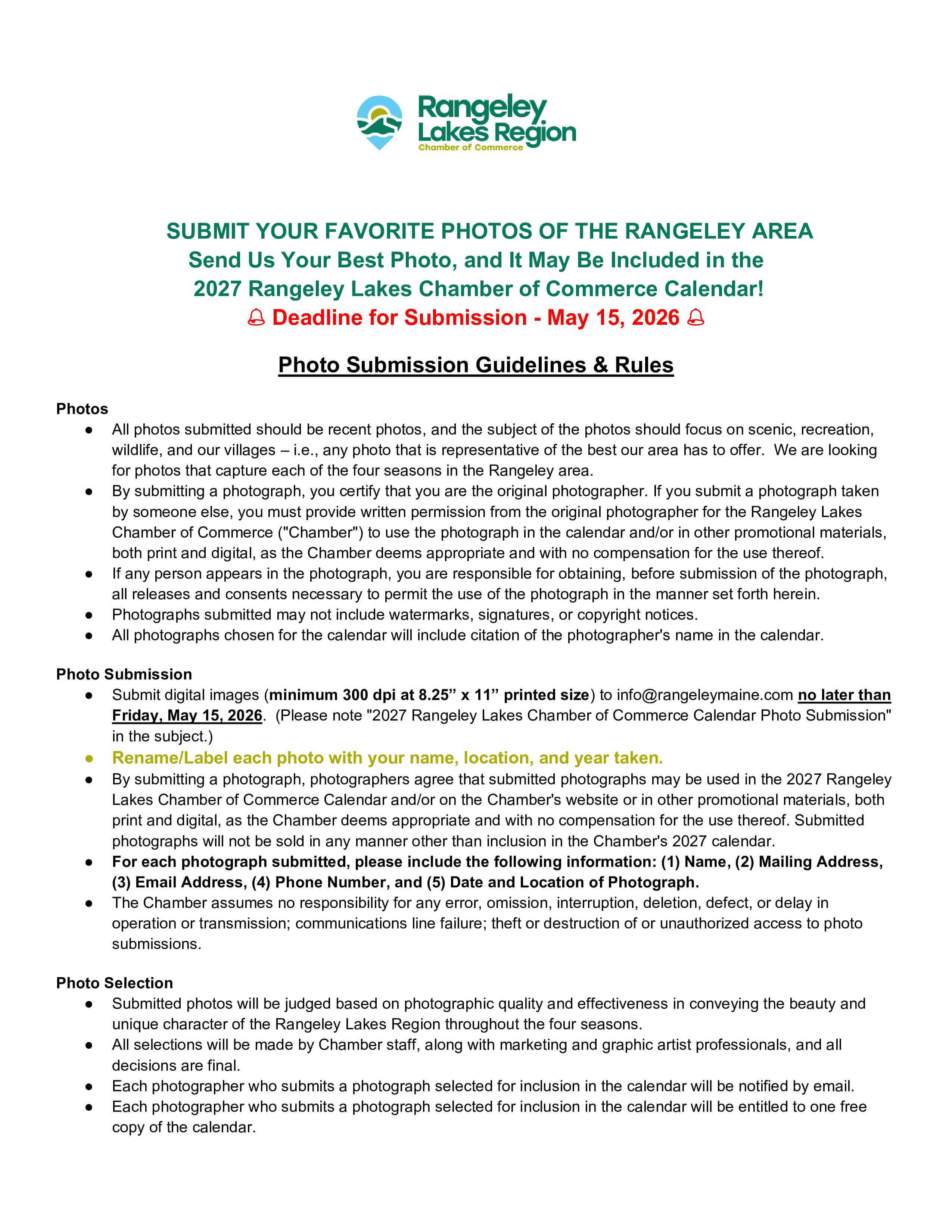 2027 rangeley lakes calender photo guidelines _ rules