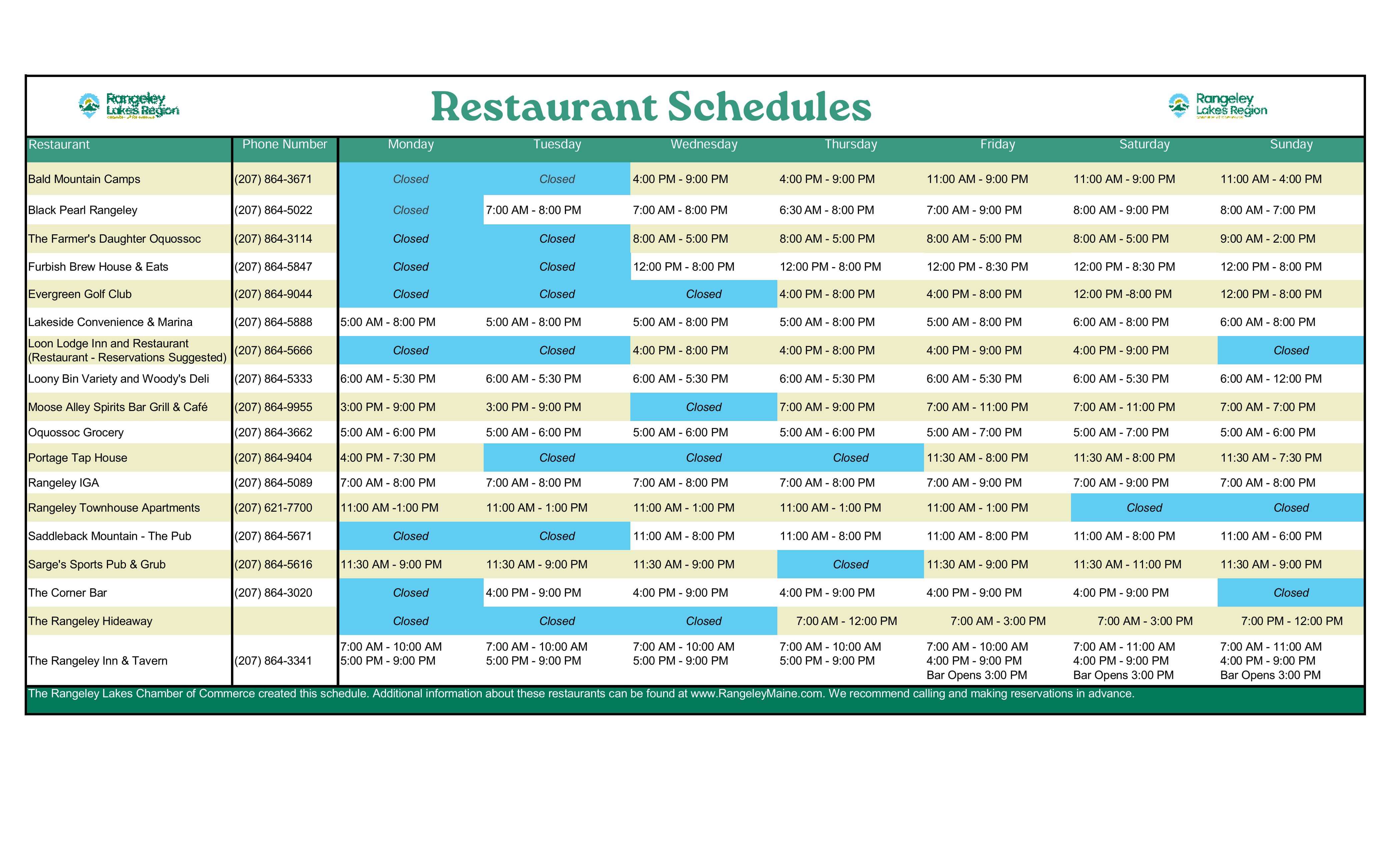 March.Resturant Schedules