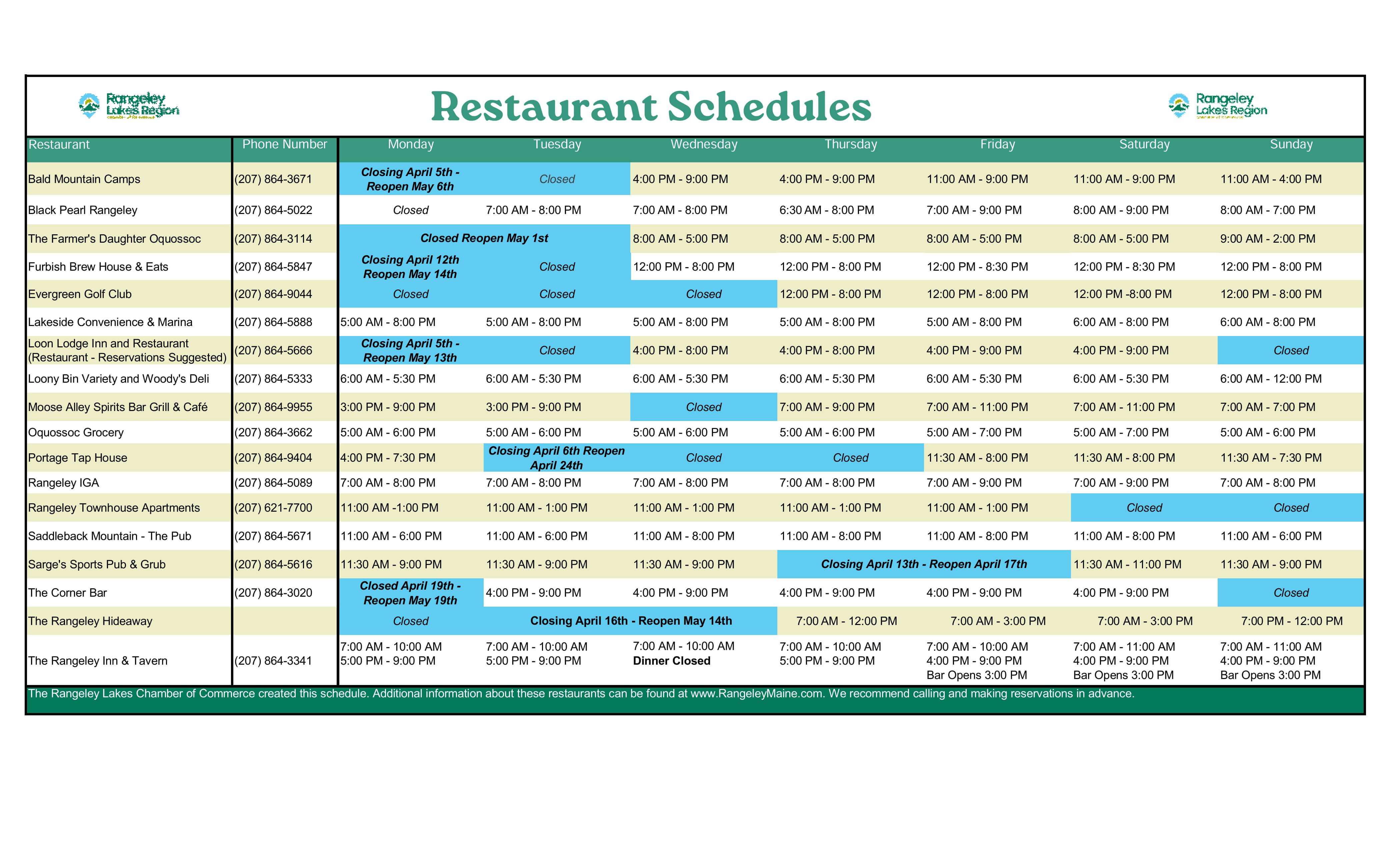 April.Resturant Schedules