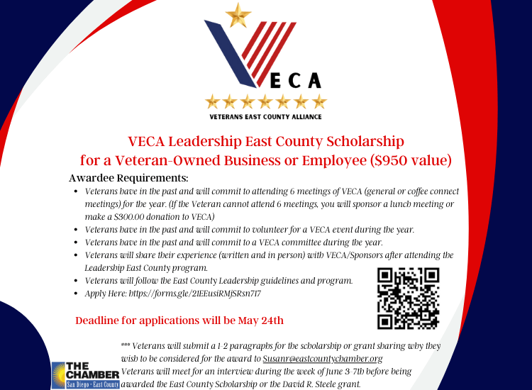 Now Accepting Applications | VECA Leadership East County Scholarship for a Veteran-Owned Business or Employee