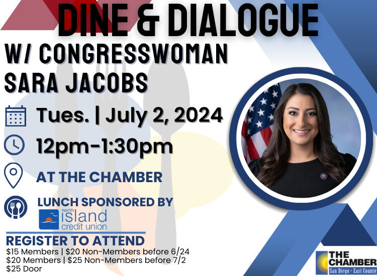 7/2 Dine & Dialogue w/ Congresswoman Sara Jacobs | 12pm-1:30pm | at the Chamber! | Register
