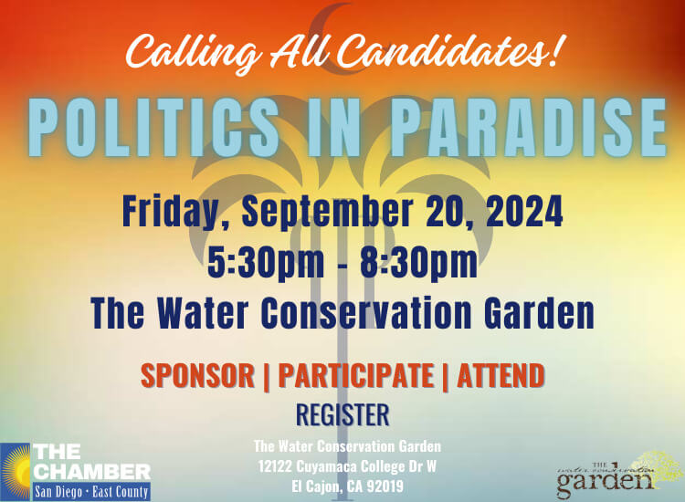9/20 Politics in Paradise | Calling all Candidates! Campaign Opportunity | The Water Conservation Garden | 5:30pm-8:30pm | Register to Attend