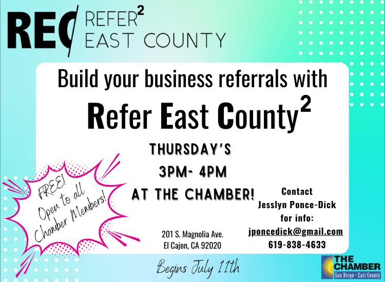 Refer East County 2 | FREE Member Networking Group | Thursday's 3pm | at the Chamber!