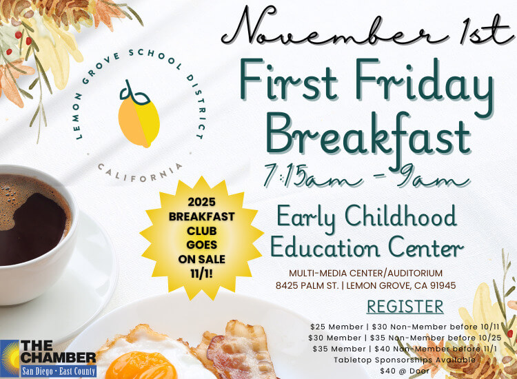 11/1 First Friday Breakfast | 7:15am-9am | Lemon Grove Early Childhood Education Center | Register to Attend