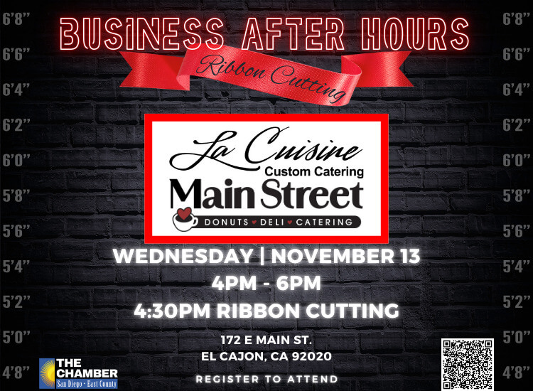 11/13 Ribbon Cutting & Business After Hours Mixer at Main St. Donuts / La Cuisine Catering | 4p-6p | 4:30p Ribbon Cutting | Register to Attend