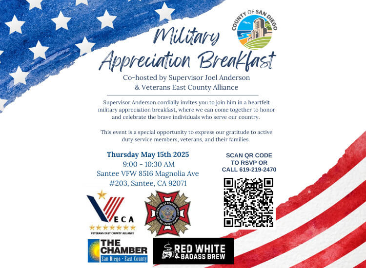 5/15 Military Appreciation Breakfast | VECA & Supervisor Joel Anderson | FREE! | RSVP to Attend