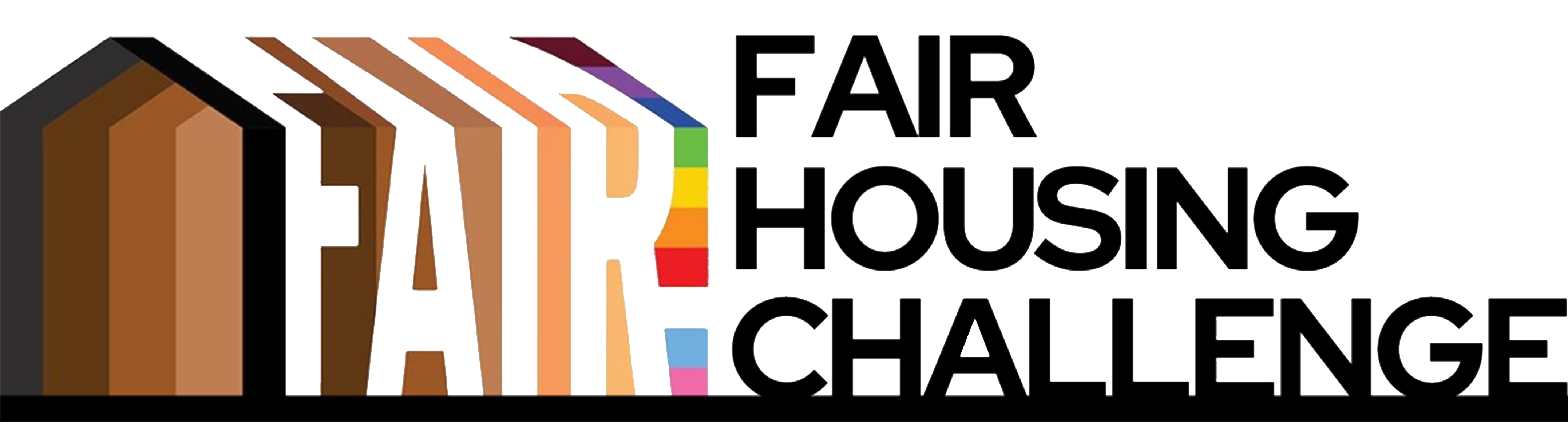 word graphic that says fair housing challenge in black. Fair is written again on left side in skin tone colors