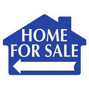 blue sign shape of house with home for sale