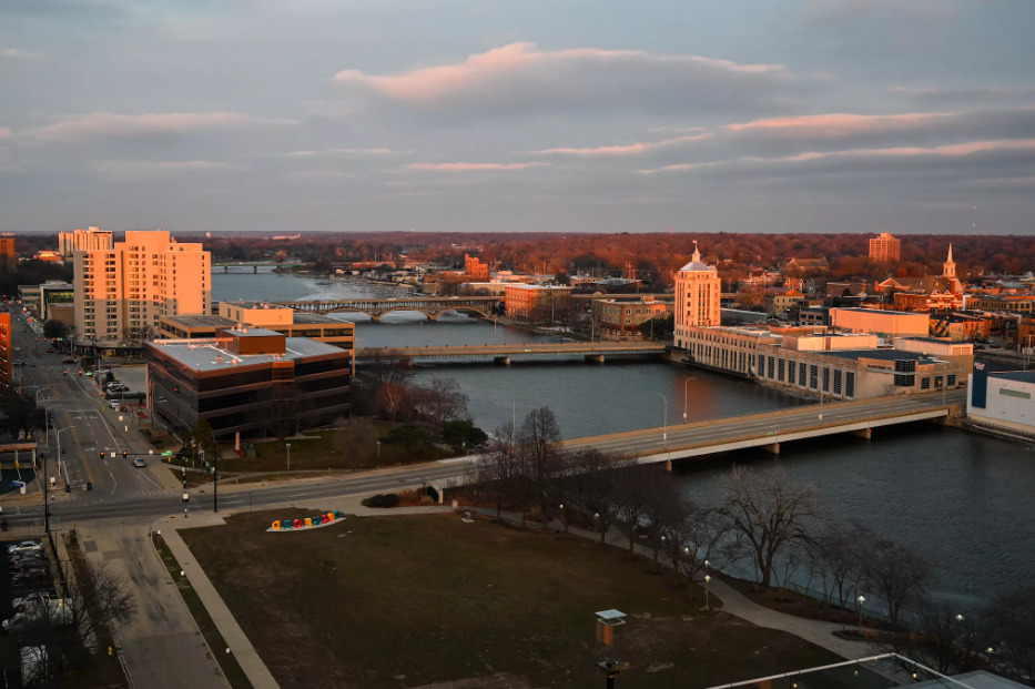 Ariel view downtown. Bridges over river