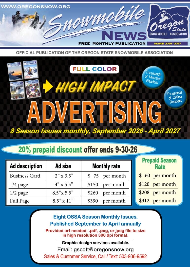 Advertising 2026–27 Oregon Snowmobile News advertising rates.