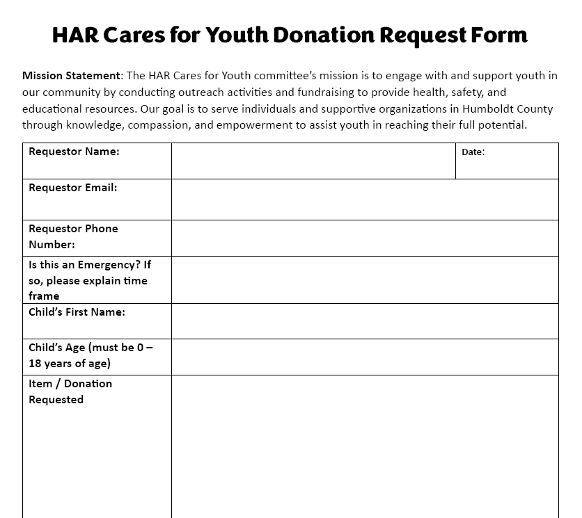 HAR Cares for Youth Request Form