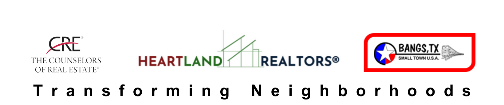 Counselors of Real Estate Logo, Heartland Realtors Logo, City of Bangs, Texas Logo, Transforming Neighborhoods