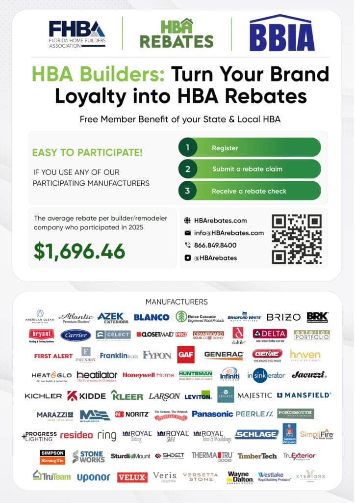 HBA Rebates flyer for FHBA and BBIA builders: register, submit a rebate claim, receive a rebate check, with the list of participating manufacturers