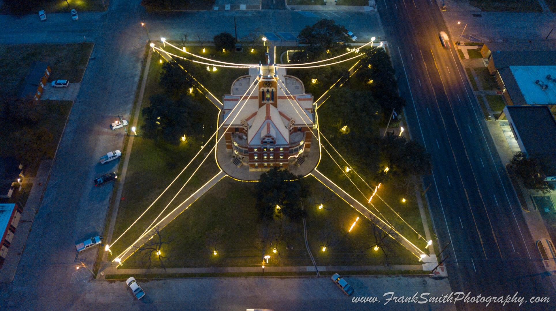 aerial of building with lights