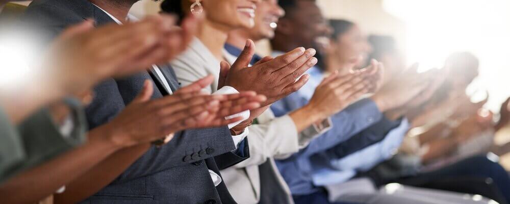 Conference,,Team,Of,Coworkers,Clapping,Hands,For,Success,And,In