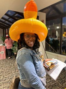 woman in rubber duck hat