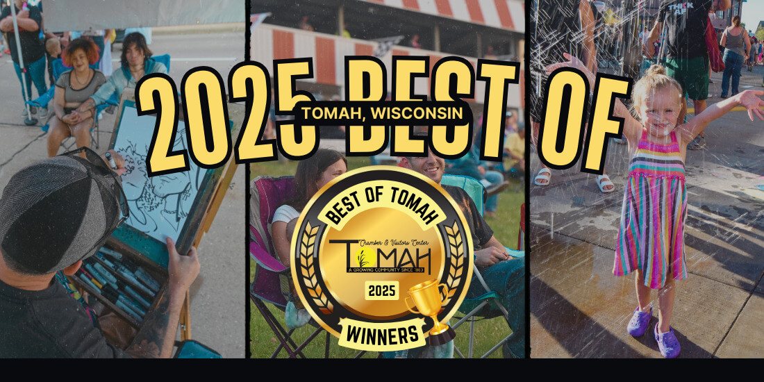 2025 Best of Tomah winner header with photos of a street artist and a little girl playing.