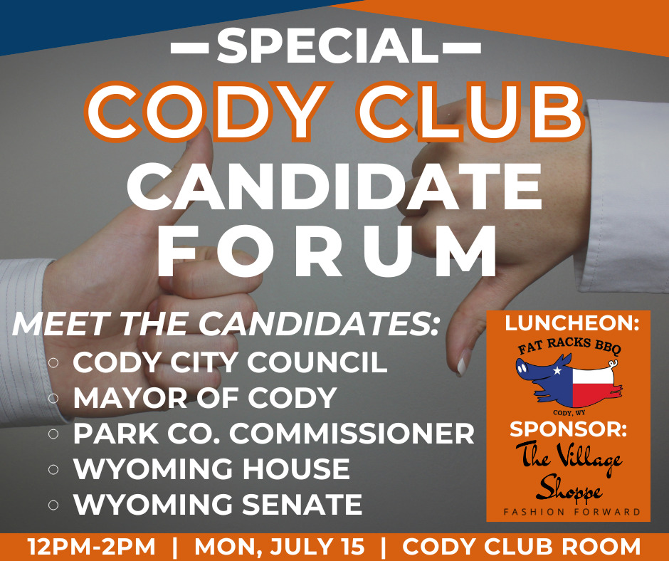 The details of the July 2024 candidate forum on Monday, the 15th from 12-2PM.