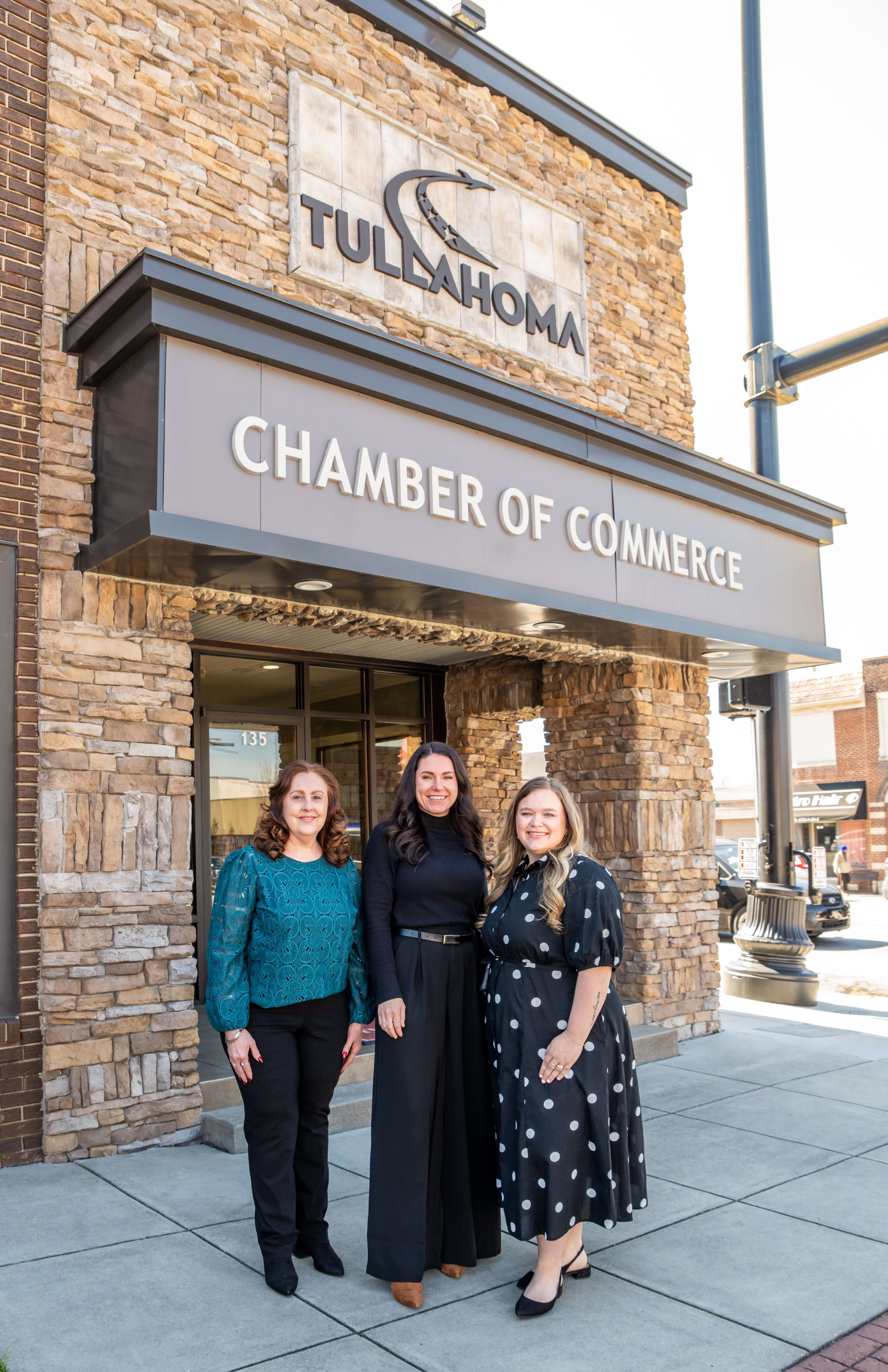Tullahoma Area Chamber of Commerce team photo in front of the office. TACC Team: Kathie Grissom, Hope Nunley, and Kathryn Wiseman