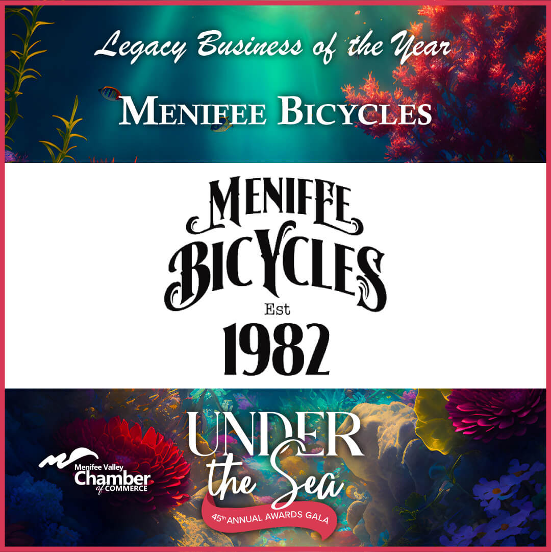 Menifee Bicycles Logo pictured winning Legacy Business of the Year at the 45th Menifee Chamber Awards Gala
