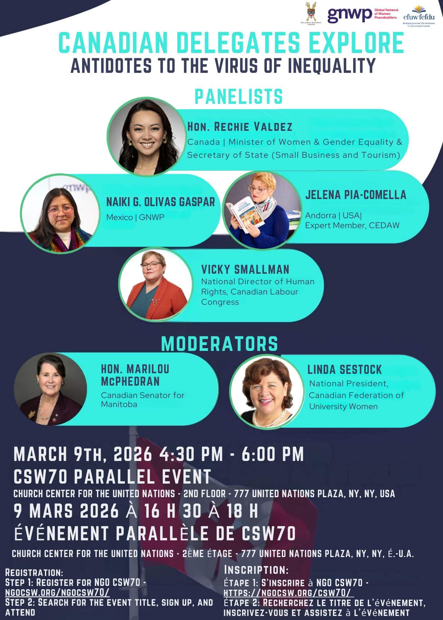 Poster for a CSW70 parallel event titled “Antidotes to the Virus of Inequality” taking place March 9, 2026, from 4:30–6:00 PM at the Church Center for the United Nations, New York. Includes photos and names of moderators and panelists, event details, and bilingual English/French registration instructions.