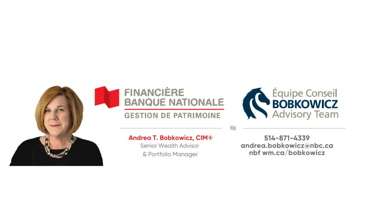 Bobkowicz Advisory Team – National Bank Financial Wealth Management Sponsor Recognition Sponsor recognition graphic featuring a professional headshot beside the National Bank Financial Wealth Management logo and the Bobkowicz Advisory Team logo. The graphic includes advisor contact information for Andrea T. Bobkowicz, Senior Wealth Advisor and Portfolio Manager.