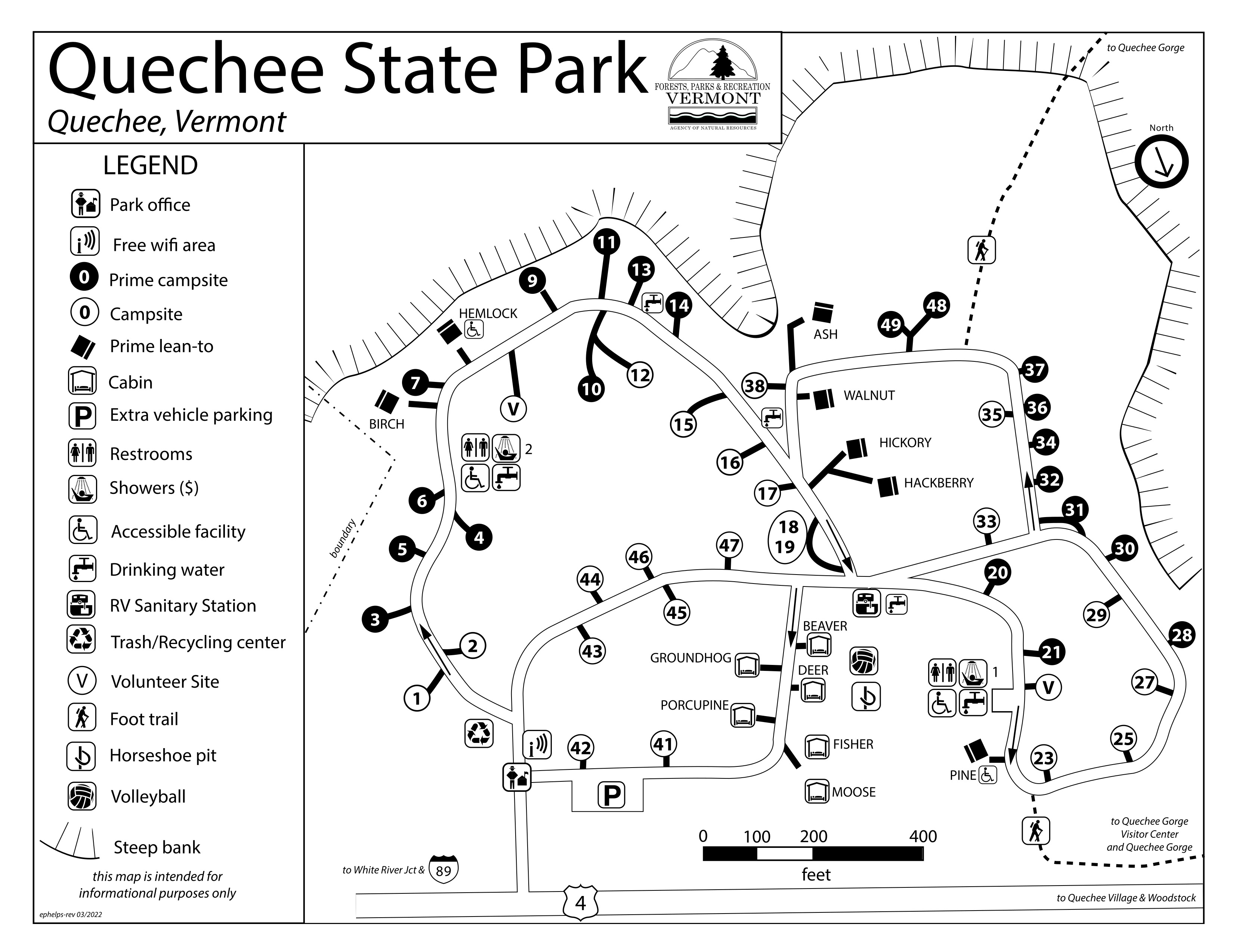 An annotated map of the Quechee Gorge. For a Braille or Screenreader friendly version, please email parks@vermont.gov