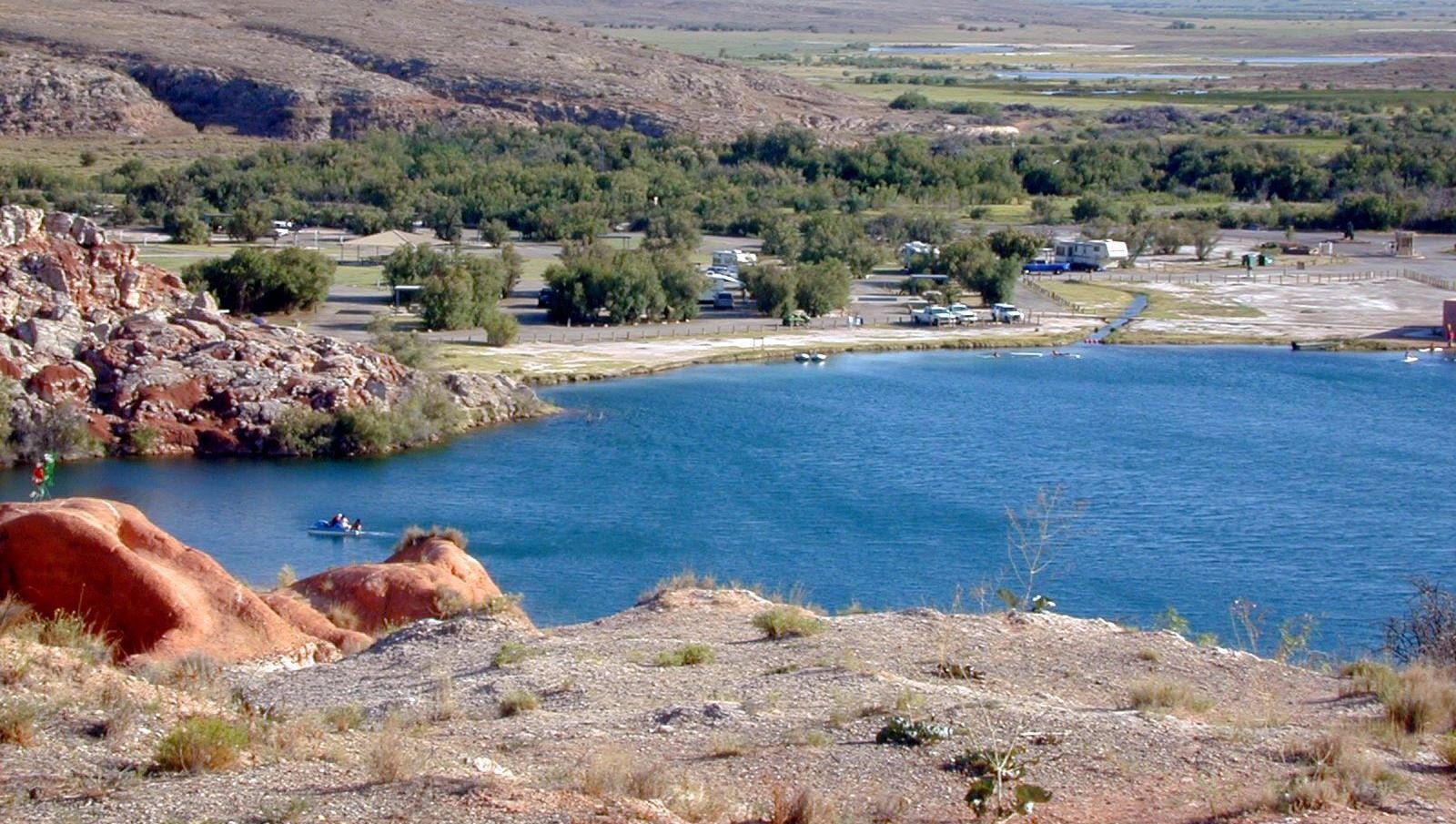 View of Lea Lake at Bottomless Lakes State Park, from the top of the mesa