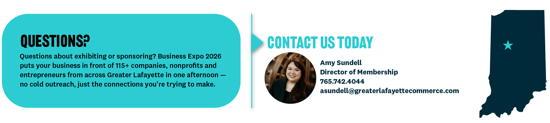 Contact information for our Director of Membership, Amy Sundell. Greater Lafayette Commerce
