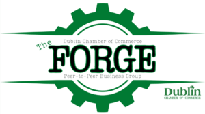 Gear Icon with words reading "The forge peer to peer entreprenuer community presented by dublin chamber of commerce"