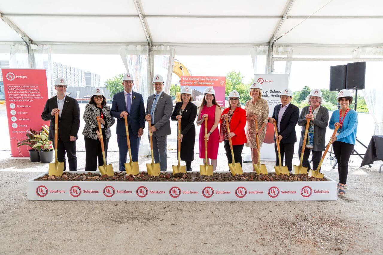 Participants in the UL Solutions groundbreaking for the Global Fire Science Center of Excellence included (l to r):  Dr. Robert Slone, senior vice president and chief scientist and innovation officer, UL Solutions; Kathi Quinn, president, Northbrook Chamber of Commerce; U.S. Rep. Brad Schneider, D-Ill., 10th District; Jeffrey Smidt, senior vice president, Testing, Inspection and Certification – Industrial, UL Solutions; Jennifer Scanlon, president and CEO, UL Solutions; State Rep. Tracy Katz Muhl, D-Ill., 57th District; Karine Johnfroe, vice president and general manager, Built Environment, UL Solutions; State Sen. Julie Morrison, D-Ill., 29th District; Weifang Zhou, executive vice president and president, Testing, Inspection and Certification, UL Solutions; Cara Pavlicek, village manager, Village of Northbrook; and Heather Ross, trustee, Village of Northbrook.