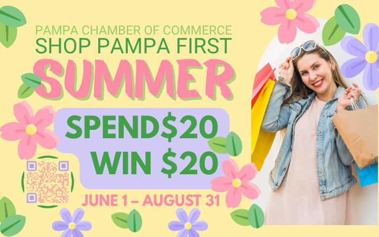 Timeline: June 1st - August 31st.  How It Works:Spend $20 or more at a Pampa Chamber member business. Submit your receipt through the online form by scanning the qr code or at (https://form.jotform.com/PampaChamber/spend-20-win-20) for a chance to win one of our $20 gift card or our $500 grand prize.  Follow @PampaChamberOfCommerce on Facebook to see our weekly winners. Winners will for receive a $20 Gift Card.  Grand Prize Drawing: September 1st at the So Long Summer event.