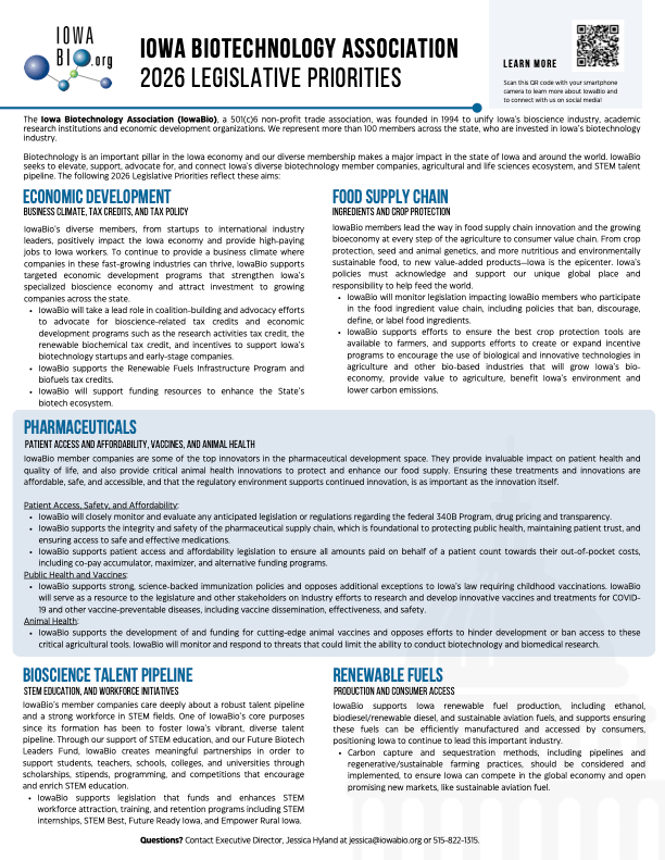 2026 Legislative Priorities IowaBio