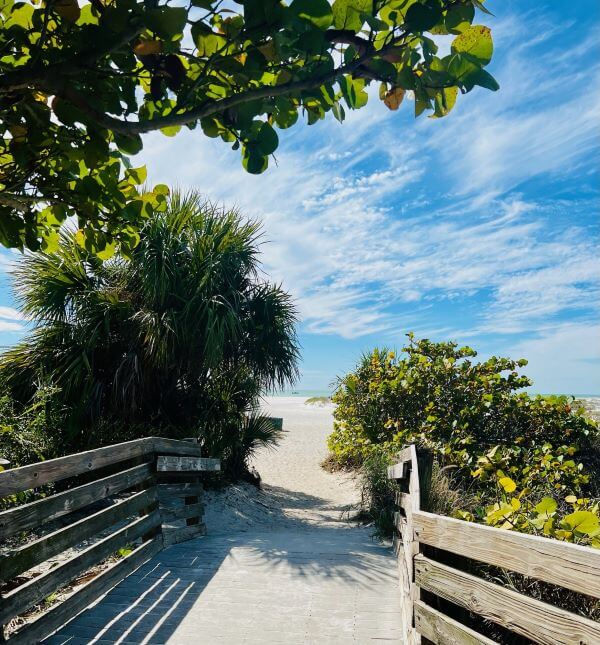 A sandy pathway leading to the entrance to the beach.