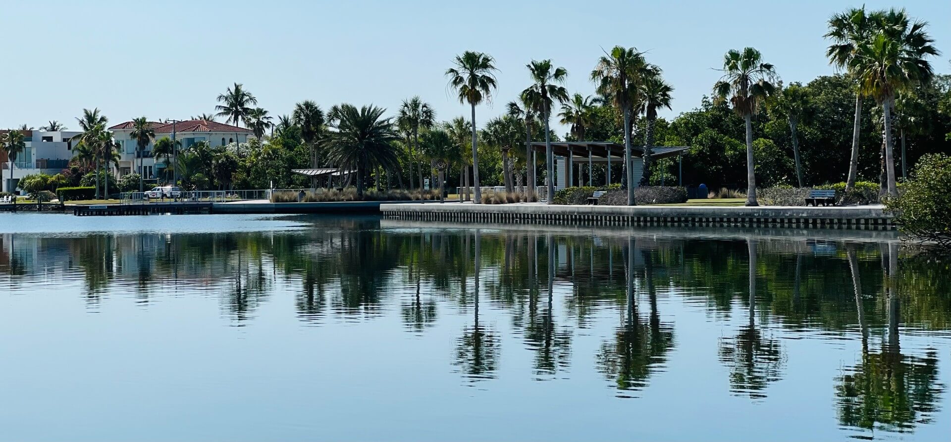 Waterfront view at Bayfront Park. Palm trees are reflecting on the water.