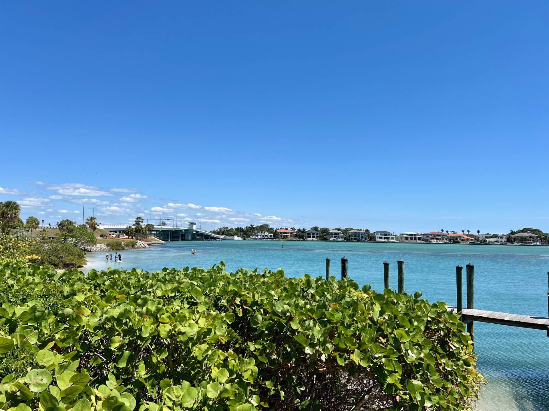 Photo of the view from Chart House. Bright blue water and greenery,