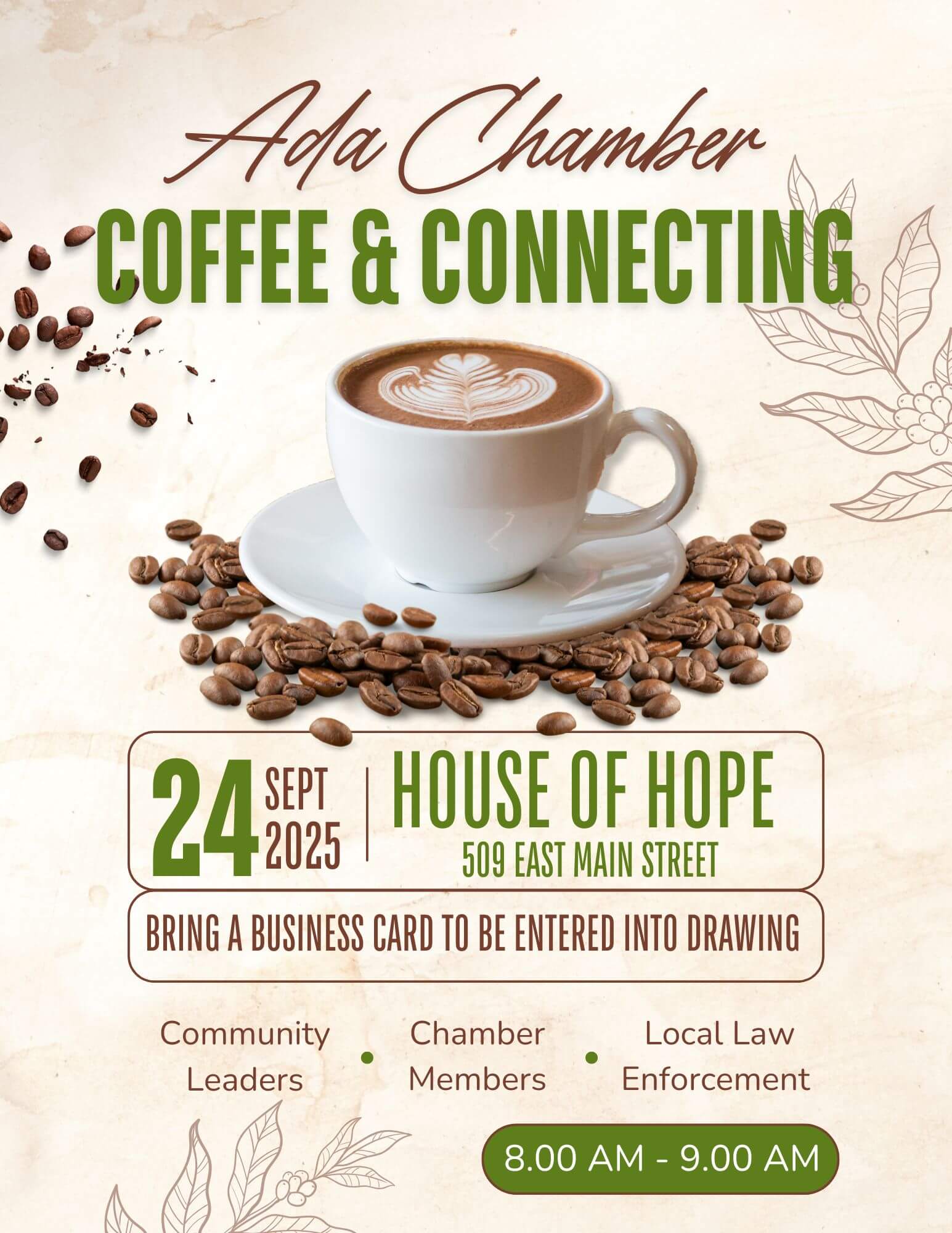 Green and Brown Vintage Grand Opening Coffee Shop Flyer