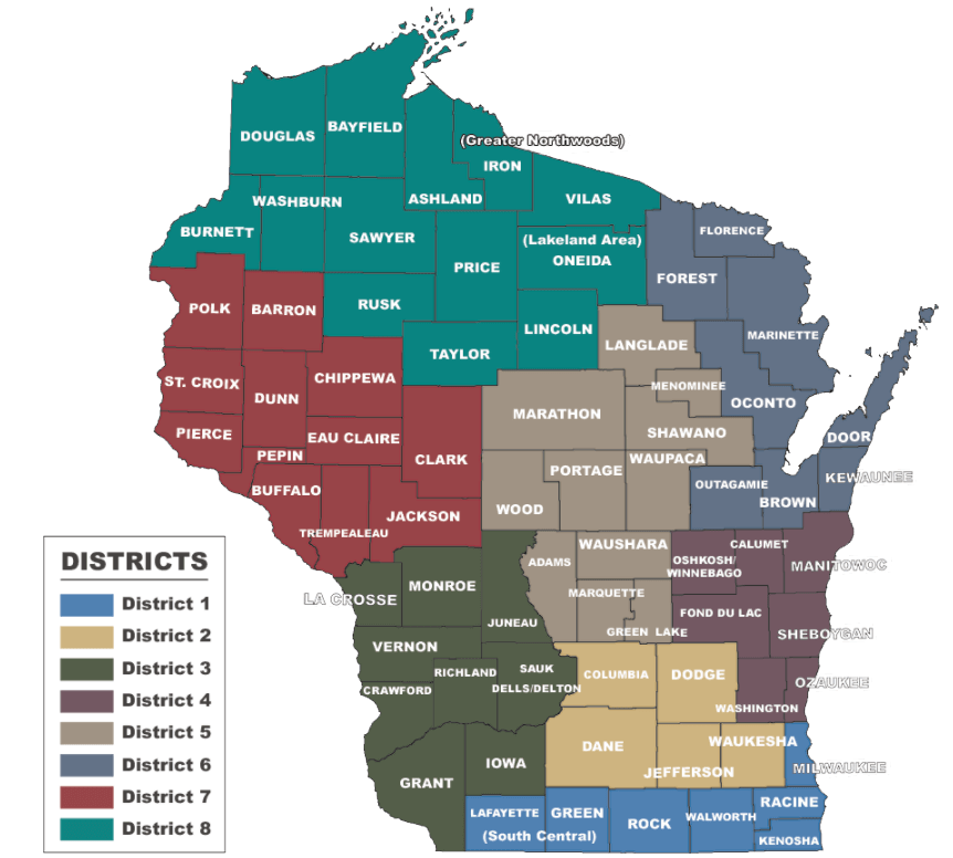 Wisconsin map w counties districts - from web