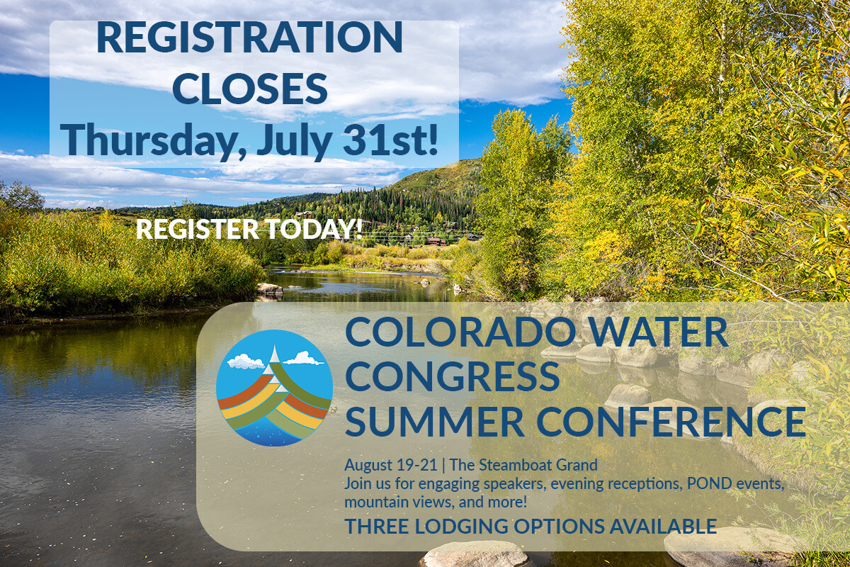 HotelREG 072325 CWC Summer Conference registration closes 7/31 details on picture of water and trees with blue sky