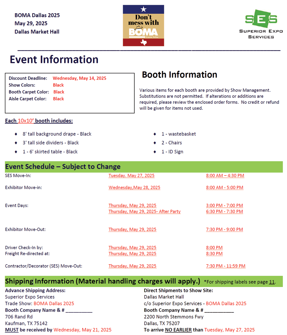 SES Booth Specs Schedule - 04.09.25