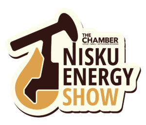 logo depicting an oil derrick and the map of nisku in a drop with the text Nisku Energy Show