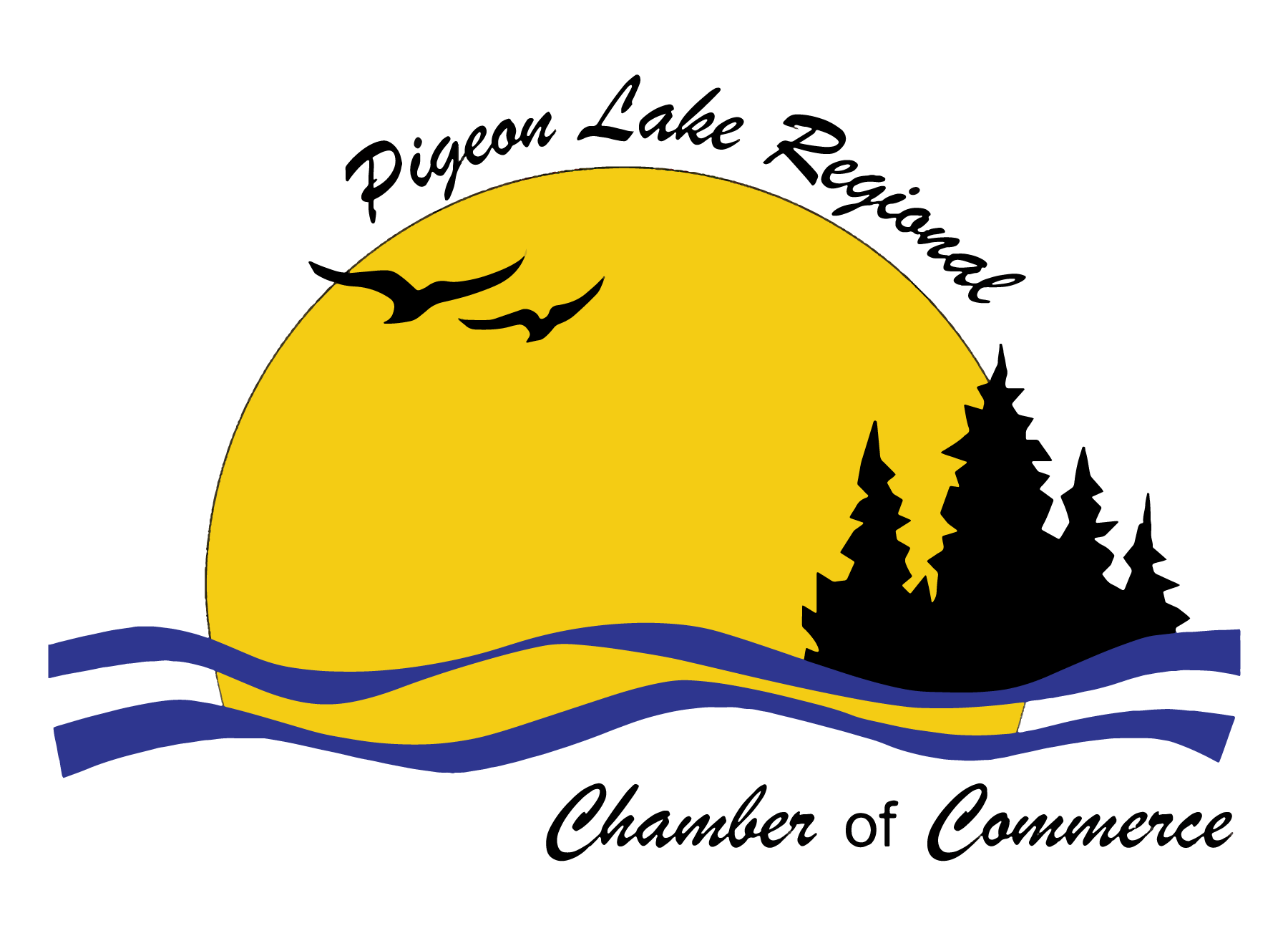 Logo is an image of a large yellow sun with the silhouette of trees and flying birds along the bottom purple waves with the words Pigeon Lake Regional around the yellow sun and Chamber of Commerce below the purple waves.