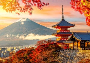 Kiyomizu-dera temple in Kyoto and mount Fuji at autumn sunset, Japan