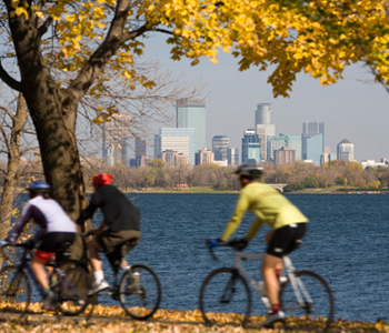 image of riding bicycles on lake side