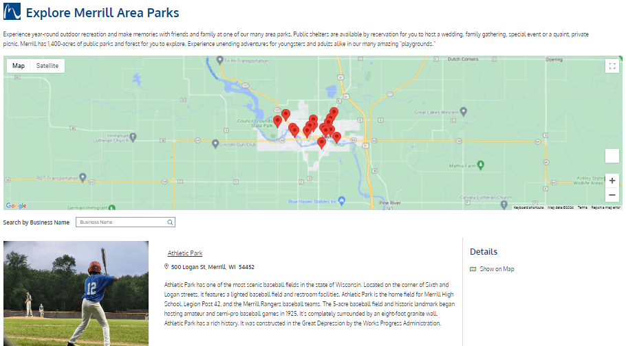 screenshot of the City of Merrill parks webpage