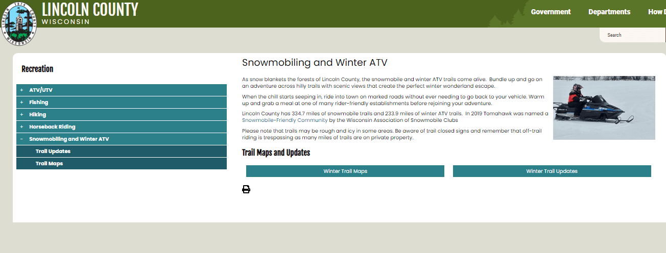 Screenshot of Lincoln County Snowmobile Webpage