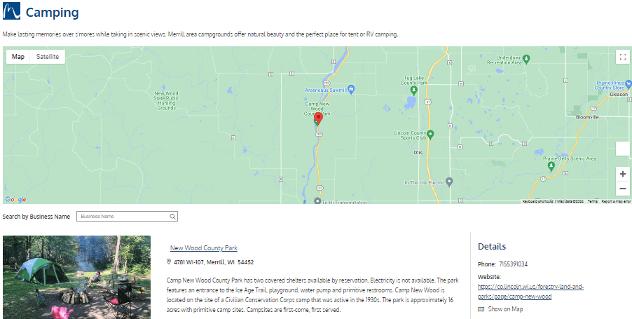 Screenshot of City of Merrill's camping webpage