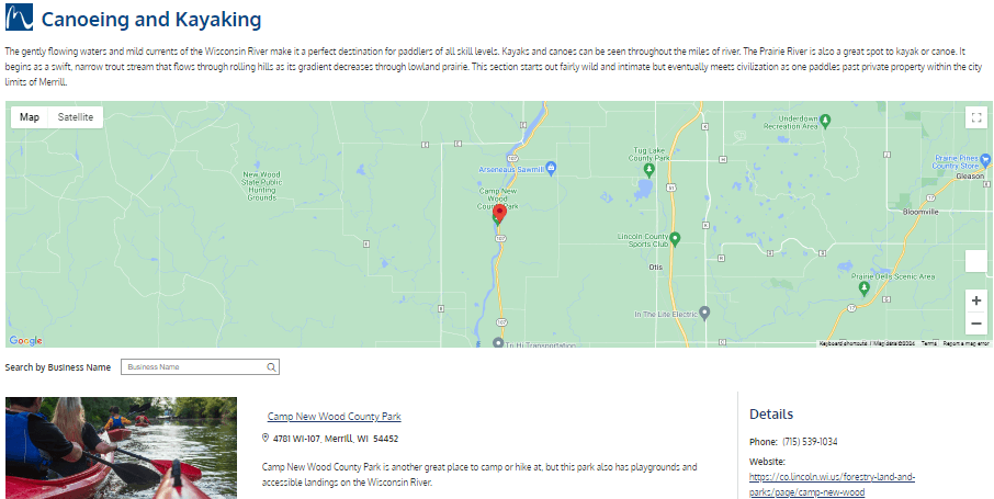 Screenshot of City of Merrill Canoe Kayak webpage