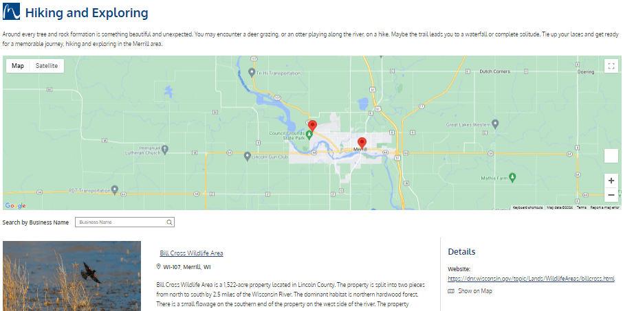 screenshot of City of Merrill hiking page