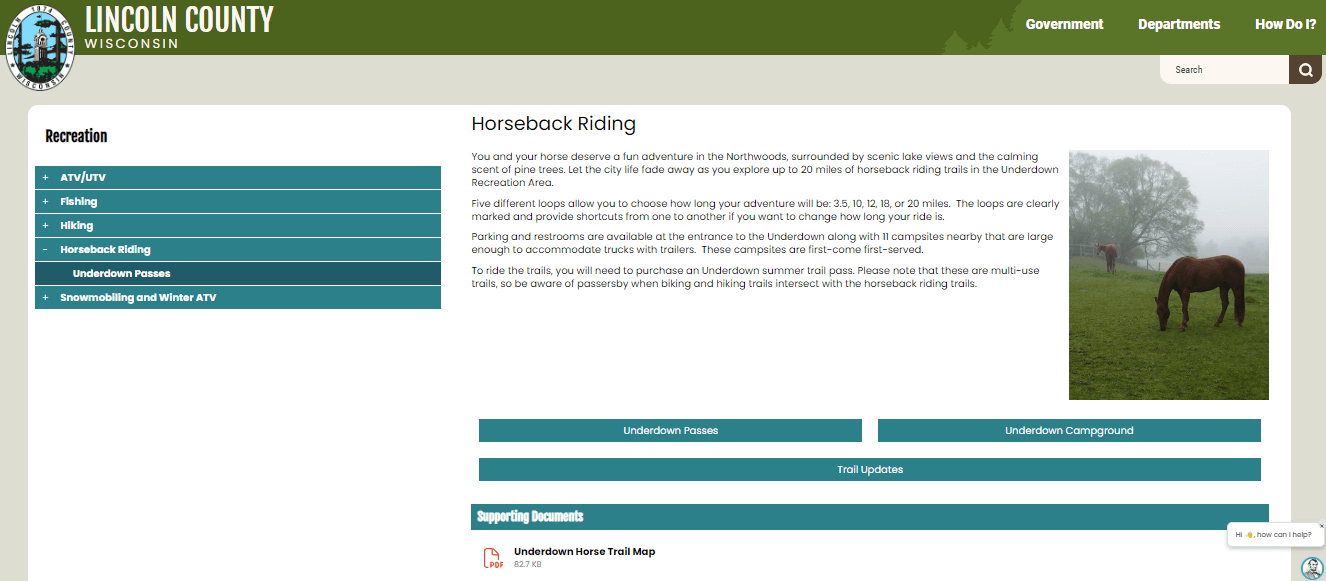 Screenshot of Lincoln County horseback trail webpage